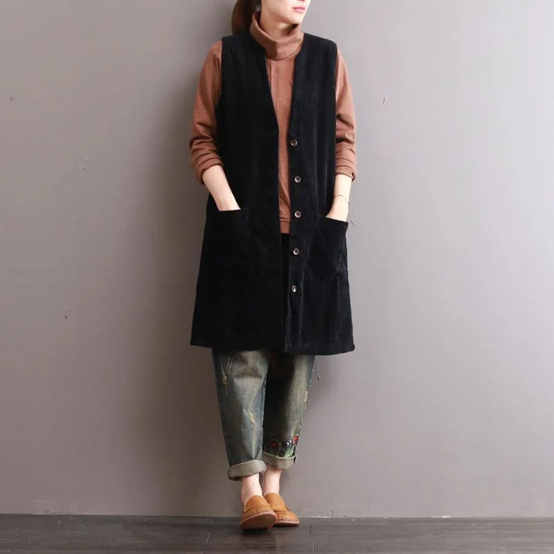 2017 fall black corduroy coats loose casual sleeveless outwear