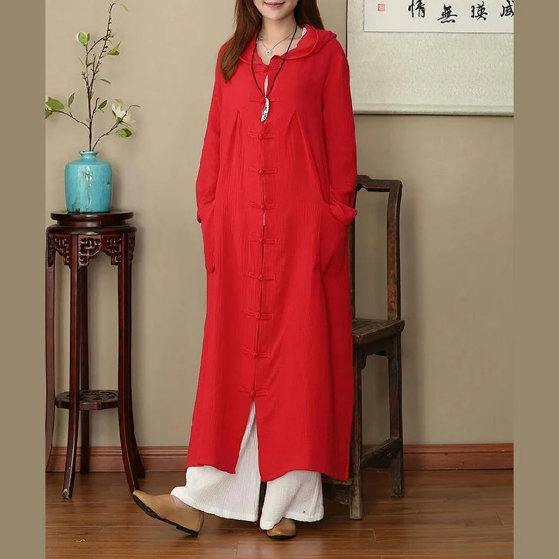 2018 red coat plus size hooded Coats new Chinese Button trench coat