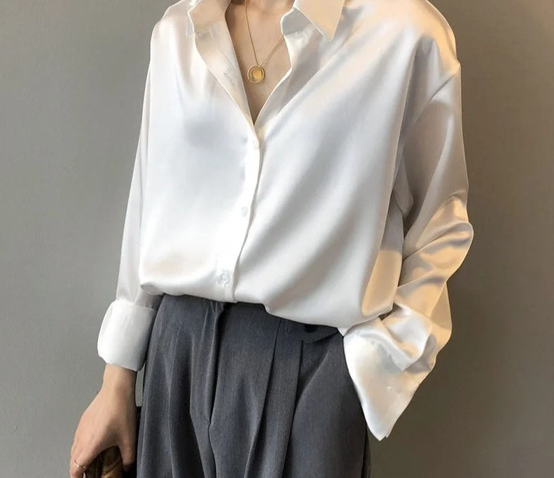 Button Up Satin Silk Shirt Vintage Blouse Women White Lady Long Sleeves Female Loose Street Shirts