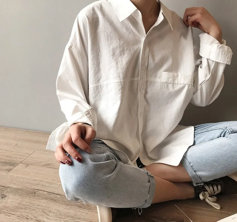 Minimalist Loose White Shirts for Women Turn-down Collar Solid Female Shirts Tops Spring Summer Blouses