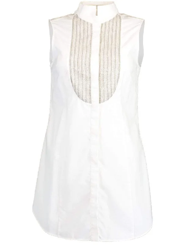 Sleeveless Monili Trim Bib Tux Blouse