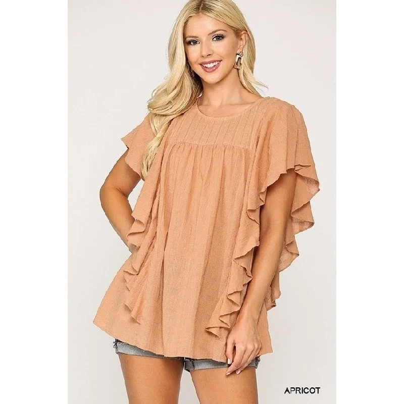 Textured Ruffle Sleeve Tunic Top With Back Keyhole